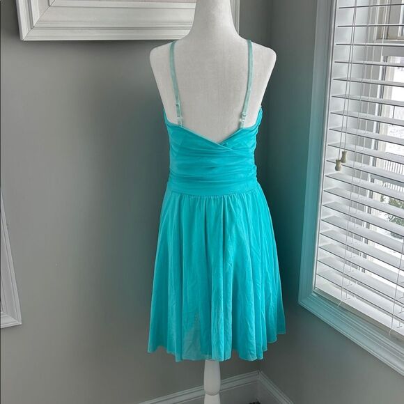 Vintage Necessary Objects Turquoise Faux Wrap Mesh Formal Midi Dress - Picture 8 of 15